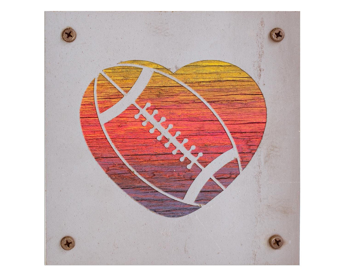 Football Heart Metal Wall Art on Reclaimed Wood, Football Gift, Boys Room, 5.5 Inch Square Steel Sign, Football Decor, Football Mom