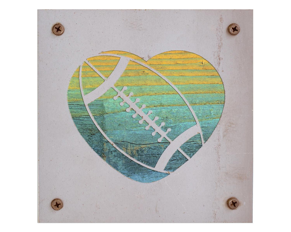 Football Heart Metal Wall Art on Reclaimed Wood, Football Gift, Boys Room, 5.5 Inch Square Steel Sign, Football Decor, Football Mom