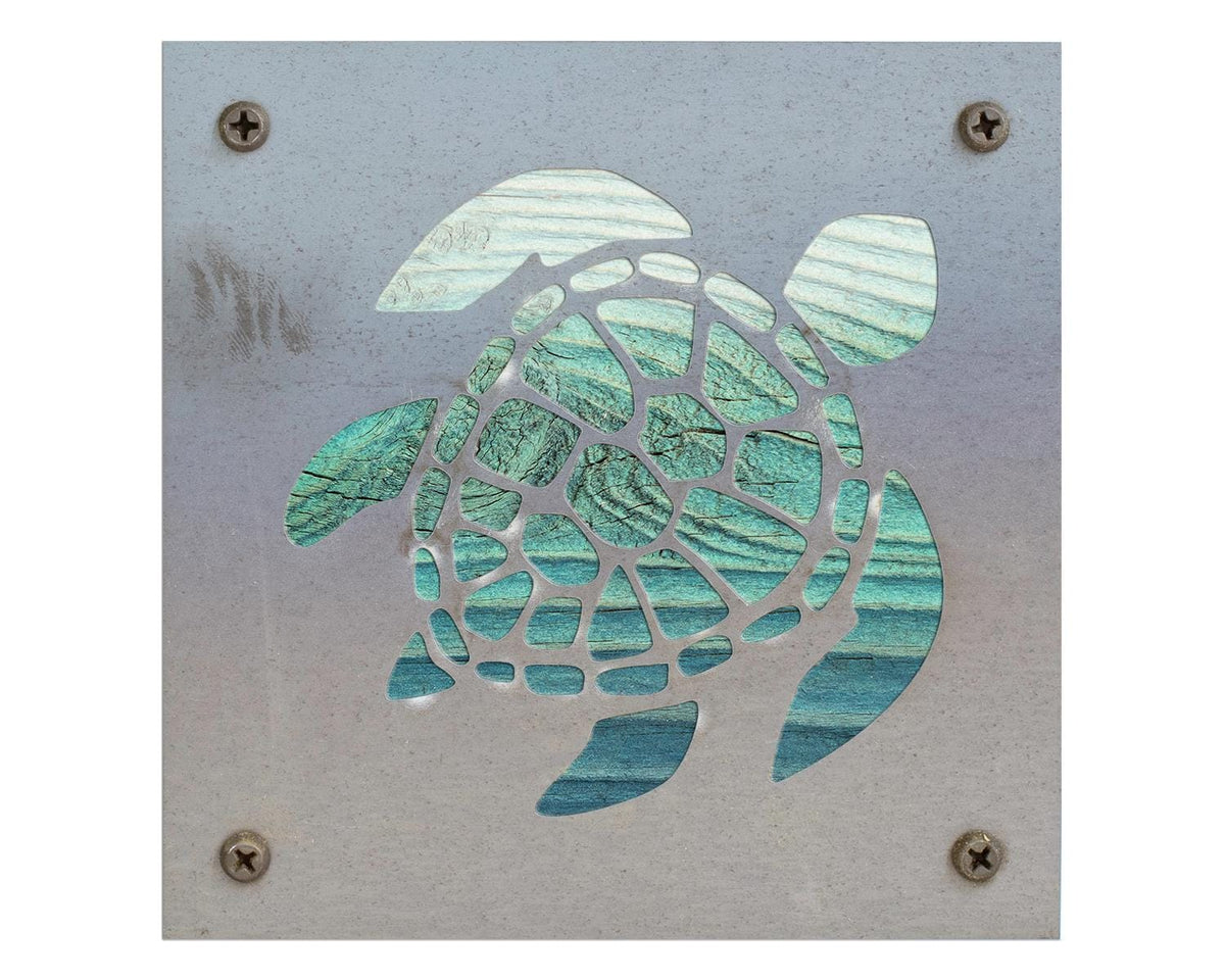 Sea Turtle Metal Wall Art on Reclaimed Wood, Beach House Decor, Turtle Gift, 5.5 Inch Square Steel Sign, Ocean Wall Art, Coastal Wall Art