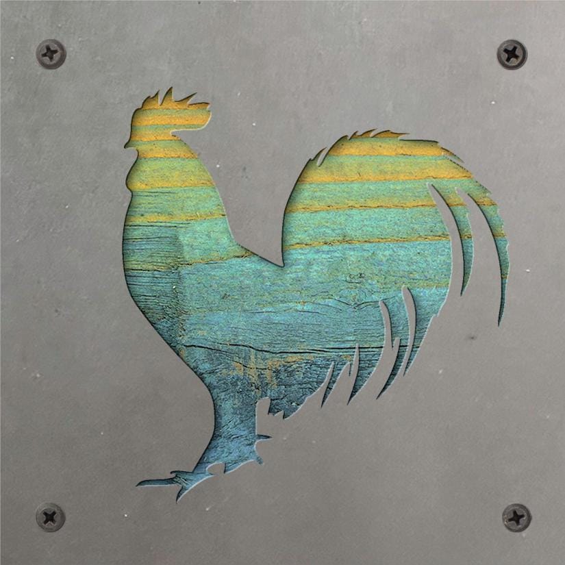 Rooster Metal Wall Art on Reclaimed Wood, Farmhouse Kitchen Decor, Chicken Sign