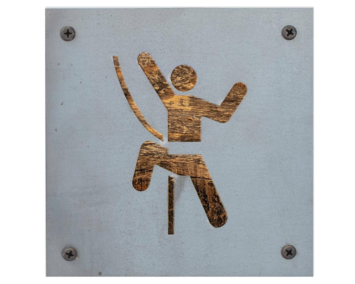 Rock Climber Metal Wall Art on Reclaimed Wood, Climbing Sign, Climber Gift, 5.5 Inch Square Steel Sign, Climbing Decor, Bouldering Gift