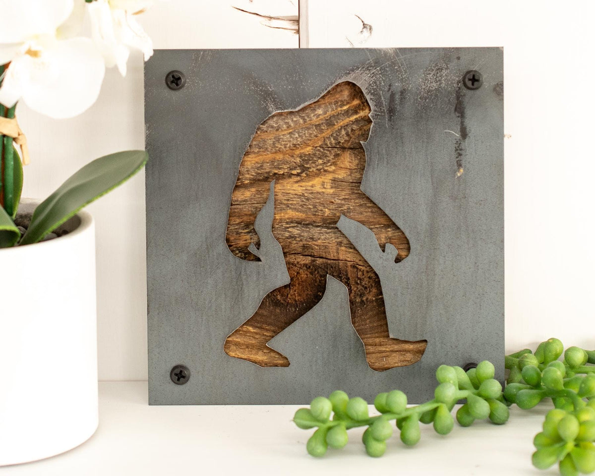 Bigfoot Metal Wall Art on Reclaimed Wood, Sasquatch Sign, Cryptid Gift