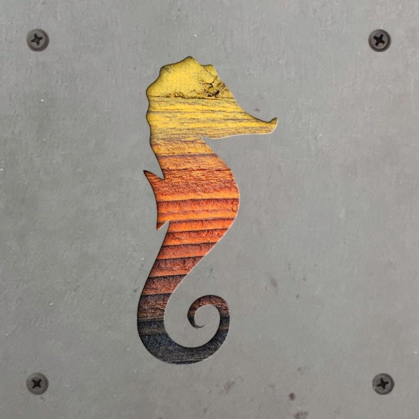Seahorse Metal Wall Art on Reclaimed Wood, Coastal Bathroom Decor, Beach Gift, 5.5 Inch Square Steel Sign, Beach House Decor