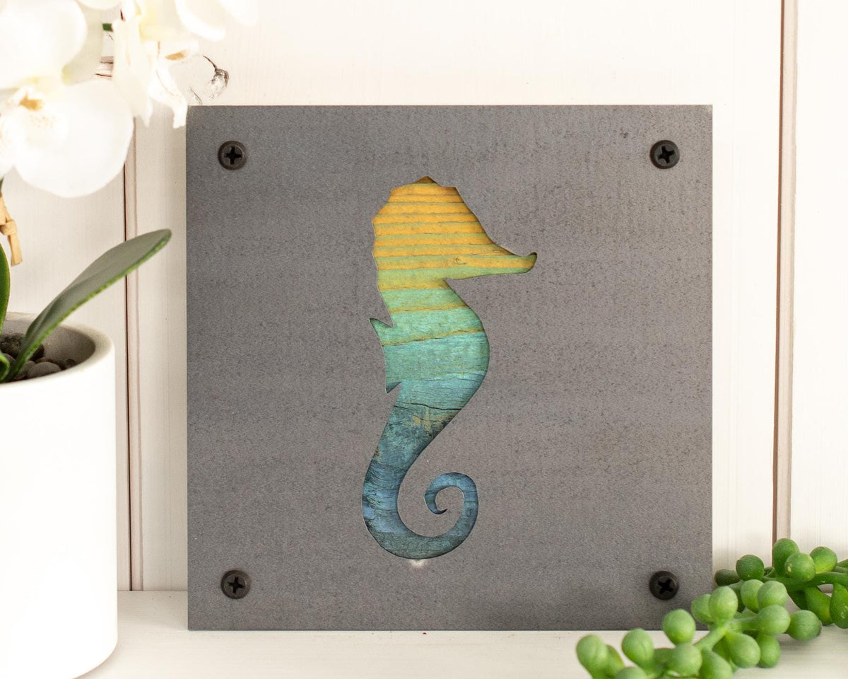 Seahorse Metal Wall Art on Reclaimed Wood, Coastal Bathroom Decor, Beach Gift, 5.5 Inch Square Steel Sign, Beach House Decor