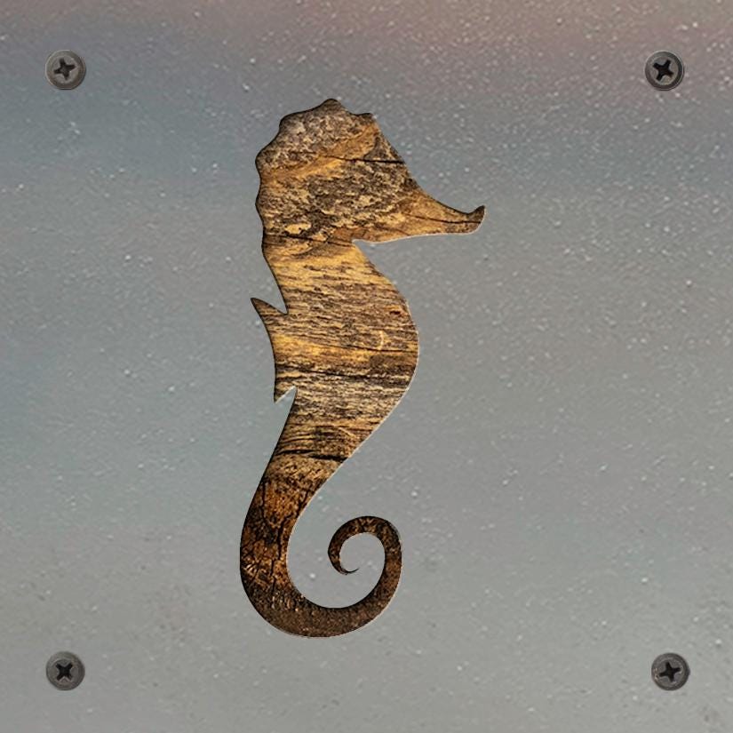 Seahorse Metal Wall Art on Reclaimed Wood, Coastal Bathroom Decor, Beach Gift, 5.5 Inch Square Steel Sign, Beach House Decor