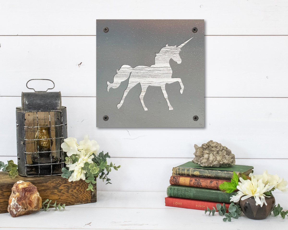 Unicorn Metal Wall Art on Reclaimed Wood, Girls Room Decor, Unicorn Gift