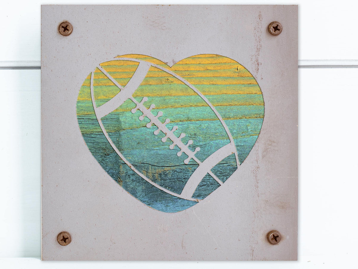 Football Heart Metal Wall Art on Reclaimed Wood, Football Gift, Boys Room, 5.5 Inch Square Steel Sign, Football Decor, Football Mom