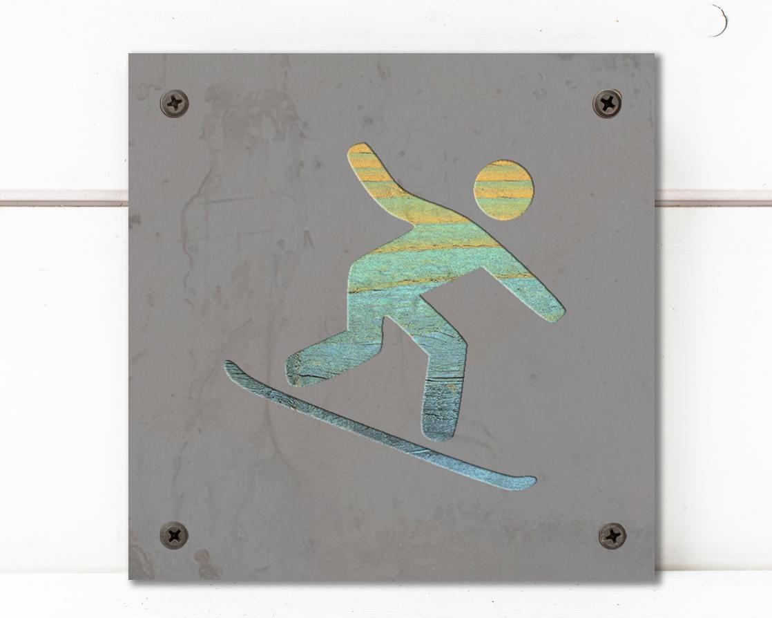 Snowboarder Metal Wall Art on Reclaimed Wood, Snowboard Sign, Ski Cabin Decor