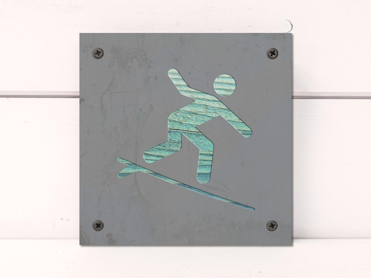 Surfer Metal Wall Art on Reclaimed Wood, Surf Shack Decor, Surfing Gift