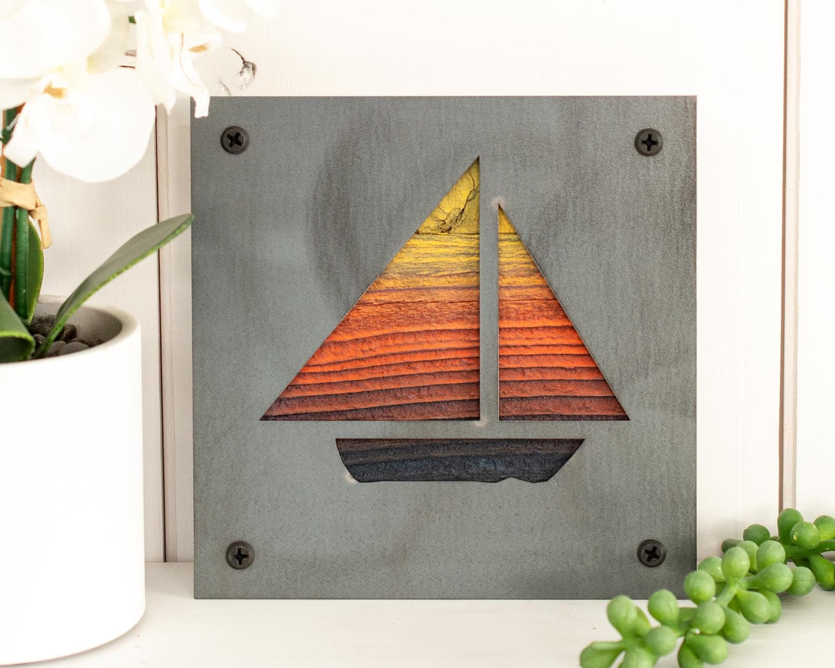Sailboat Metal Wall Art on Reclaimed Wood, Nautical Lake House Decor, Sailor Gift, 5.5 Inch Square Steel Sign, Sailing Gift