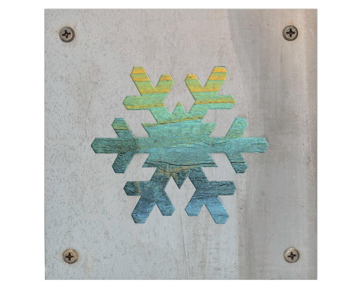 Snowflake Metal Wall Art on Reclaimed Wood, Winter Cabin Decor, Christmas Sign