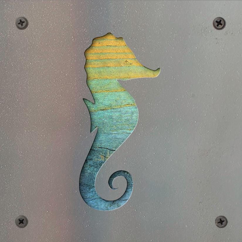 Seahorse Metal Wall Art on Reclaimed Wood, Coastal Bathroom Decor, Beach Gift, 5.5 Inch Square Steel Sign, Beach House D