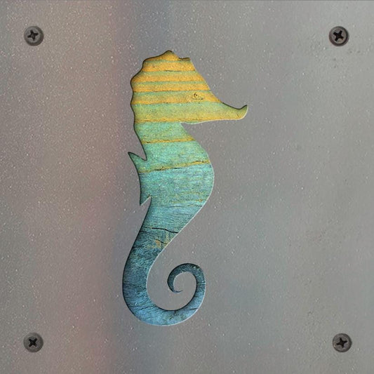 Seahorse Metal Wall Art on Reclaimed Wood, Coastal Bathroom Decor, Beach Gift, 5.5 Inch Square Steel Sign, Beach House D