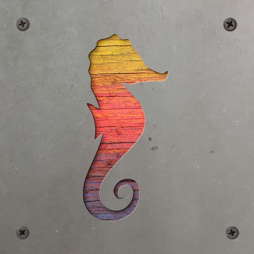 Seahorse Metal Wall Art on Reclaimed Wood, Coastal Bathroom Decor, Beach Gift, 5.5 Inch Square Steel Sign, Beach House Decor