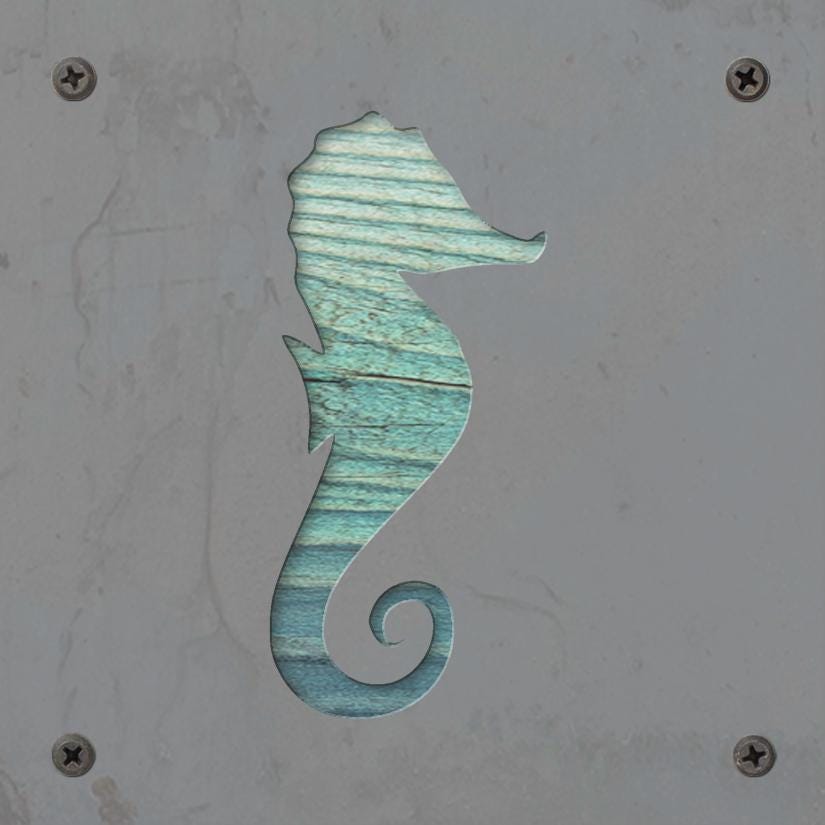 Seahorse Metal Wall Art on Reclaimed Wood, Coastal Bathroom Decor, Beach Gift, 5.5 Inch Square Steel Sign, Beach House Decor