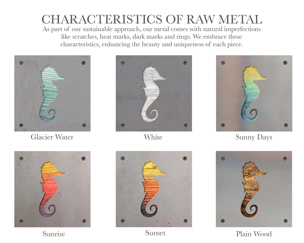 Seahorse Metal Wall Art on Reclaimed Wood, Coastal Bathroom Decor, Beach Gift, 5.5 Inch Square Steel Sign, Beach House Decor