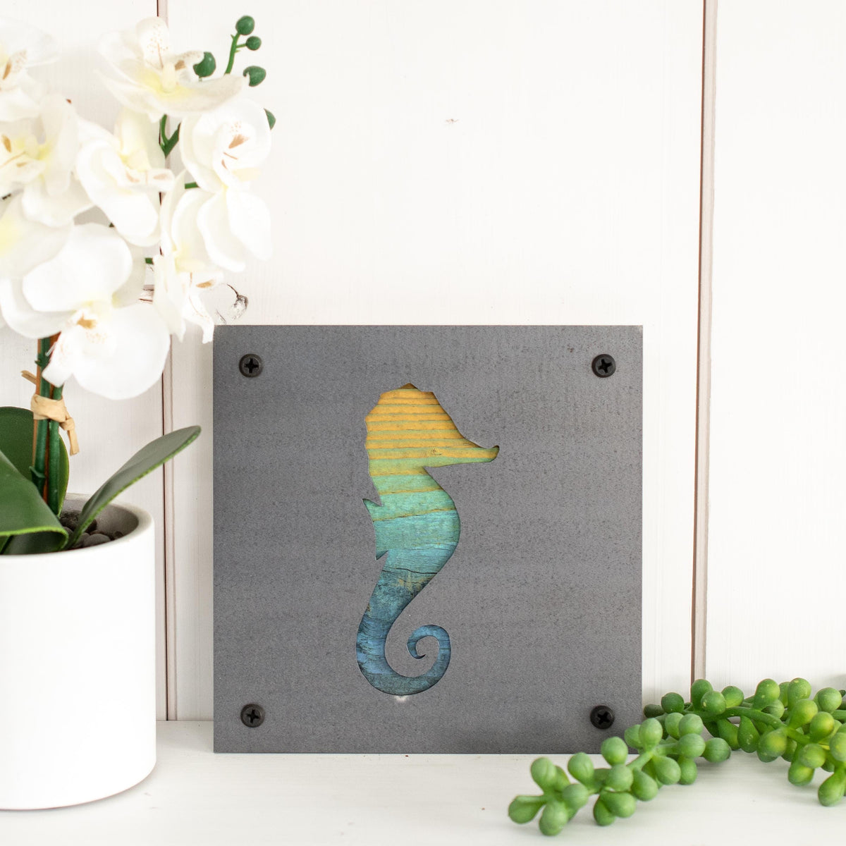 Seahorse Metal Wall Art on Reclaimed Wood, Coastal Bathroom Decor, Beach Gift, 5.5 Inch Square Steel Sign, Beach House Decor
