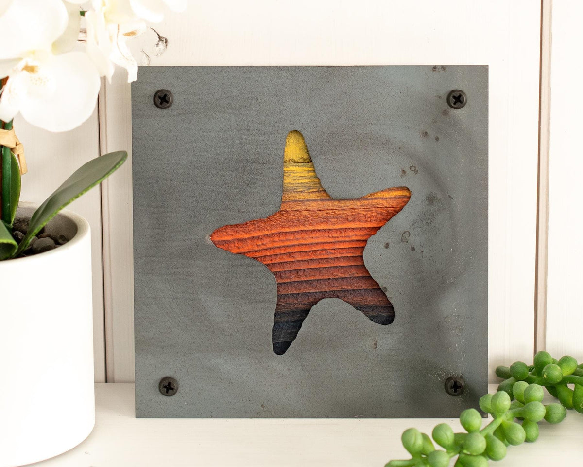 Starfish Metal Wall Art on Reclaimed Wood, Coastal Beach House Decor, 5.5 Inch Square Steel Sign, Ocean Decor, Starfish Gift