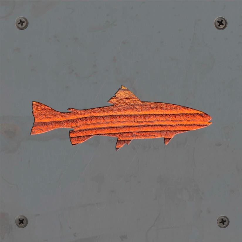 Trout Metal Wall Art on Reclaimed Wood, Fishing Cabin Decor, Fisherman Gift, 5.5 Inch Square Steel Sign, Fish Wall Decor, Lake House Decor