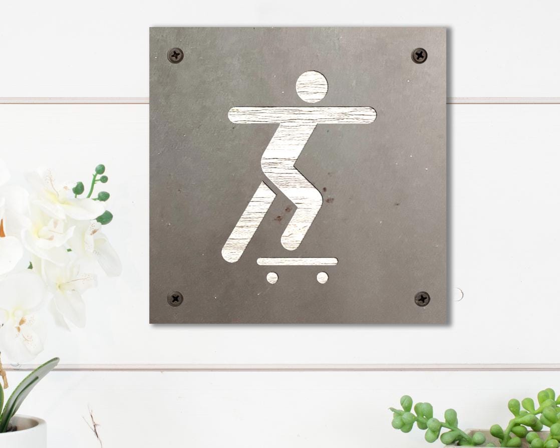 Skateboarder Metal Wall Art on Reclaimed Wood, Skate Sign, Teen Room Decor, 5.5 Inch Square Steel Sign, Skateboard Gift, Skater Gift