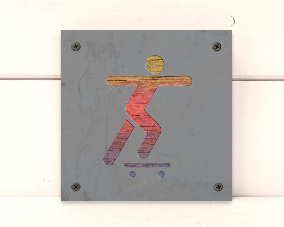 Skateboarder Metal Wall Art on Reclaimed Wood, Skate Sign, Teen Room Decor, 5.5 Inch Square Steel Sign, Skateboard Gift, Skater Gift