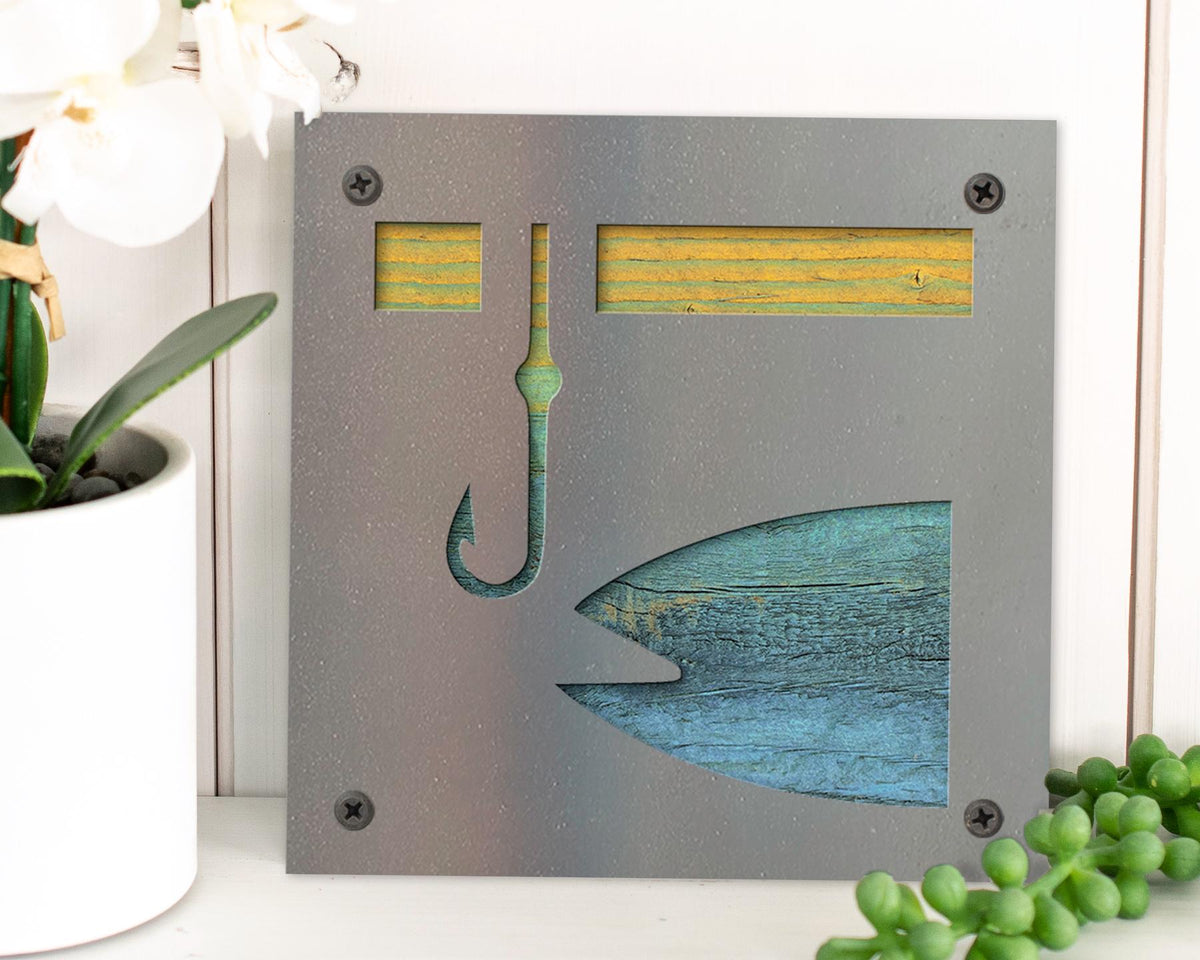 Fisherman Metal Wall Art on Reclaimed Wood, Fishing Sign, Gift for Dad, 5.5 Inch Square Steel Sign, Fishing Decor, Lake House Decor