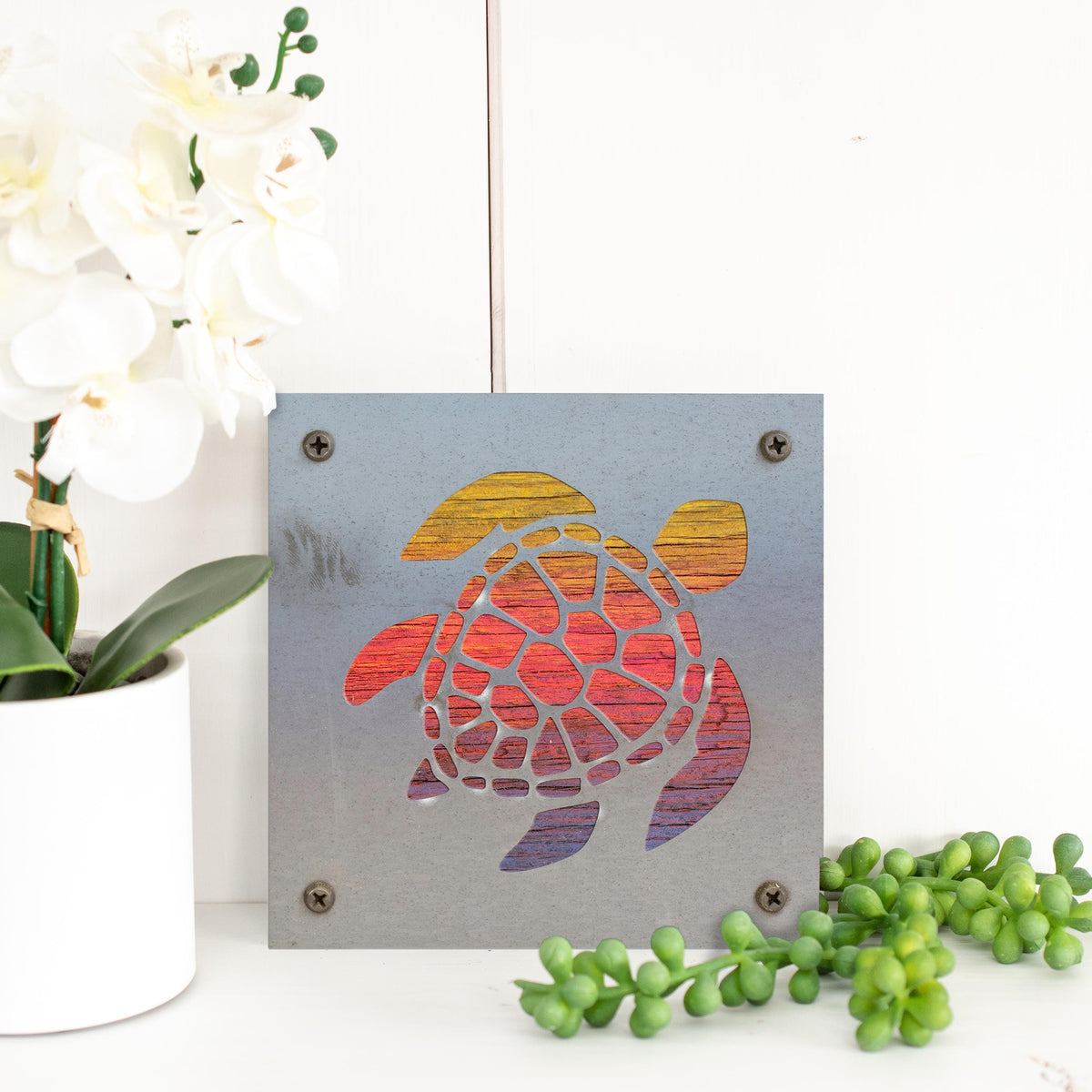 Sea Turtle Metal Wall Art on Reclaimed Wood, Beach House Decor, Turtle Gift, 5.5 Inch Square Steel Sign, Ocean Wall Art, Coastal Wall Art