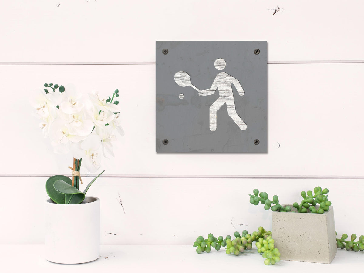Tennis Player Metal Wall Art on Reclaimed Wood, Tennis Sign, Tennis Gift, 5.5 Inch Square Steel Sign, Tennis Coach Gift, Tennis Decor