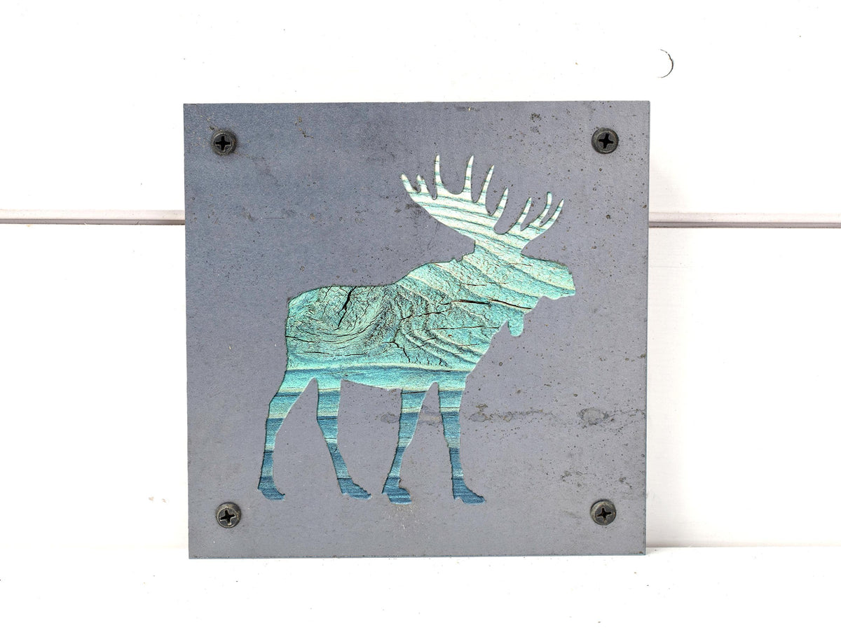 Moose Metal Wall Art on Reclaimed Wood, Cabin Decor, Woodland Nursery Moose, 5.5 Inch Square Steel Sign, Moose Gift, Housewarming Gift