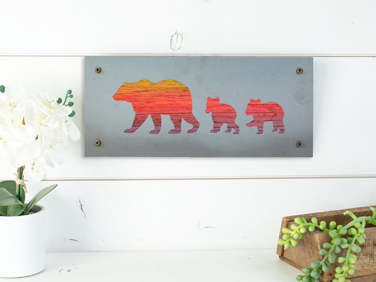 Bear Family Metal Wall Art on Reclaimed Wood, Mama Bear and Cubs, Cabin Decor