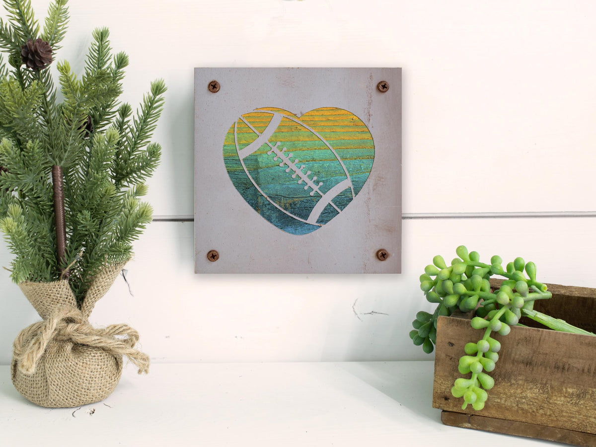 Football Heart Metal Wall Art on Reclaimed Wood, Football Gift, Boys Room, 5.5 Inch Square Steel Sign, Football Decor, Football Mom