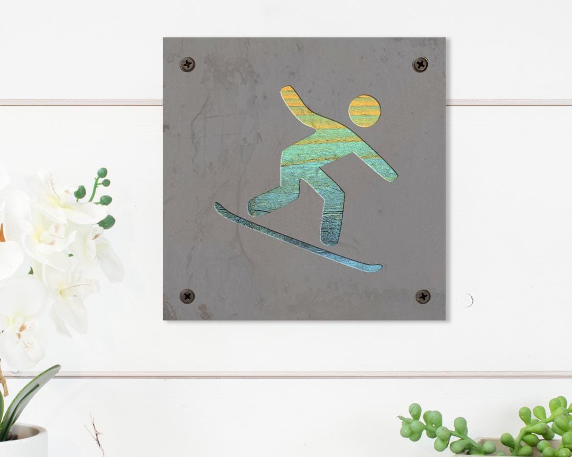 Snowboarder Metal Wall Art on Reclaimed Wood, Snowboard Sign, Ski Cabin Decor