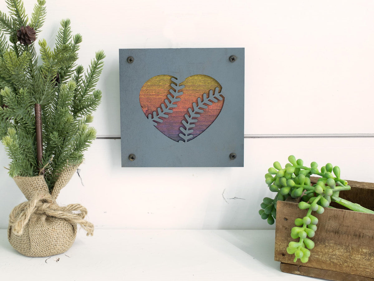 Baseball Heart Metal Wall Art on Reclaimed Wood, Softball Sign, Baseball Mom Gift, 5.5 Inch Square Steel Sign, Baseball Decor