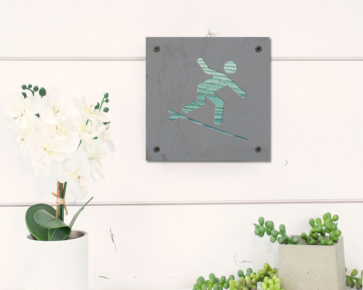 Surfer Metal Wall Art on Reclaimed Wood, Surf Shack Decor, Surfing Gift