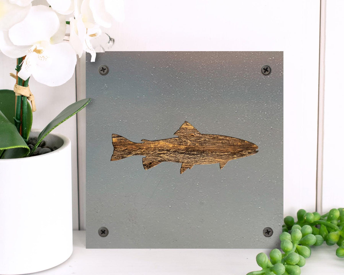 Trout Metal Wall Art on Reclaimed Wood, Fishing Cabin Decor, Fisherman Gift, 5.5 Inch Square Steel Sign, Fish Wall Decor, Lake House Decor