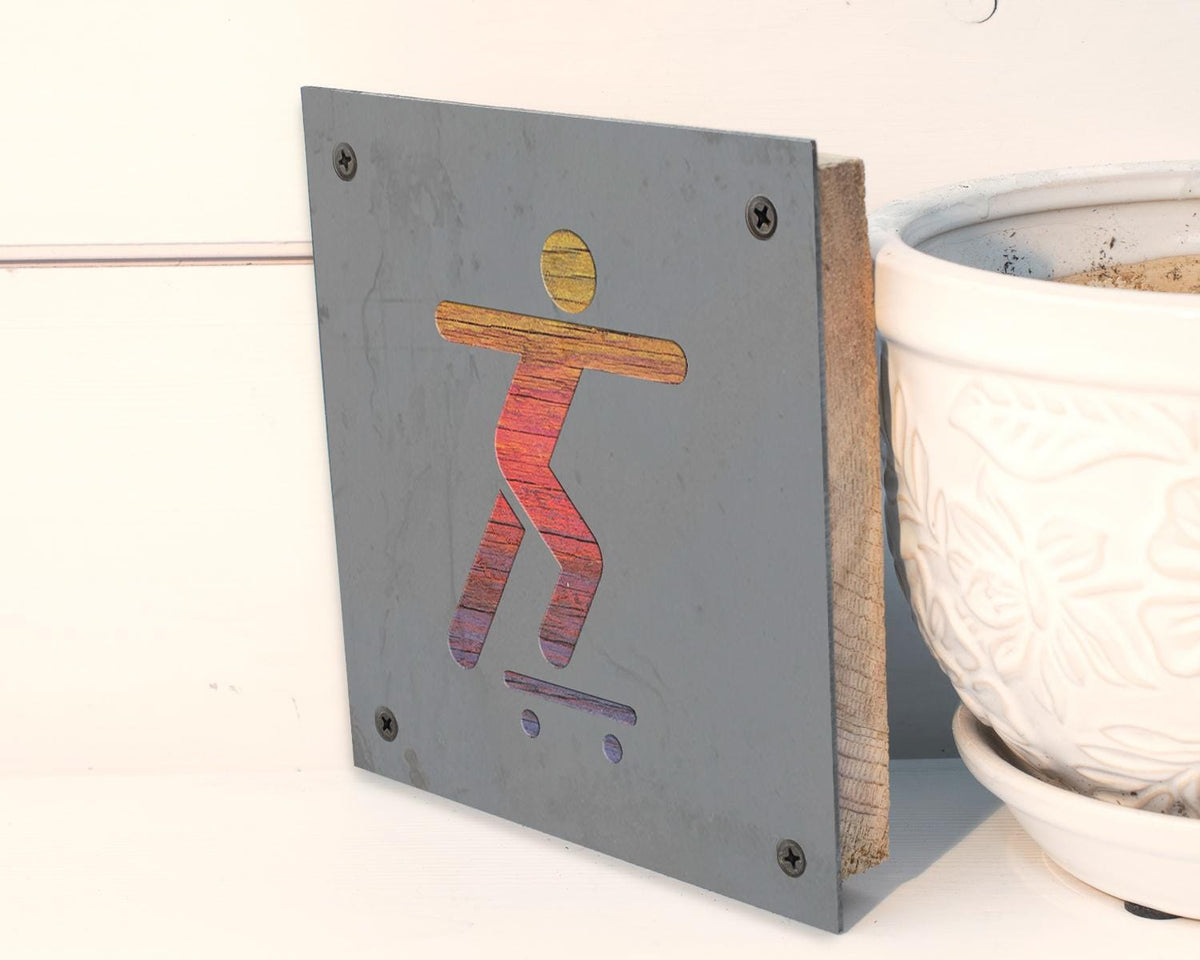 Skateboarder Metal Wall Art on Reclaimed Wood, Skate Sign, Teen Room Decor, 5.5 Inch Square Steel Sign, Skateboard Gift, Skater Gift