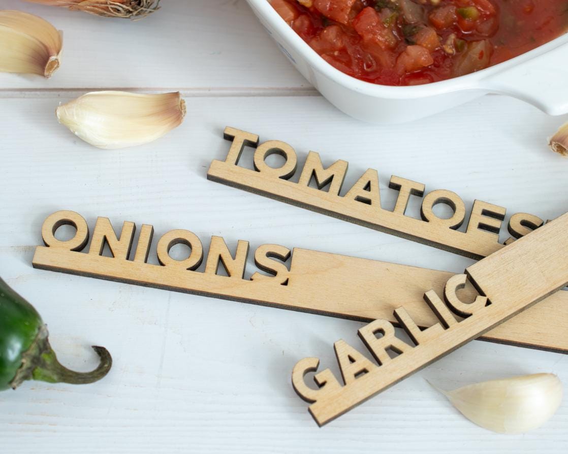 Salsa Garden Marker Set: Laser-Cut Birch Wood Herb Stakes