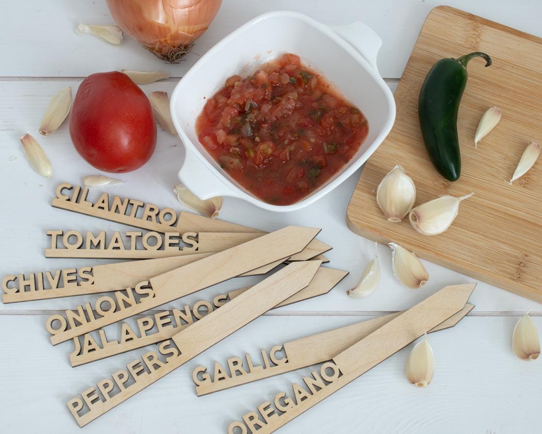 Salsa Garden Marker Set: Laser-Cut Birch Wood Herb Stakes