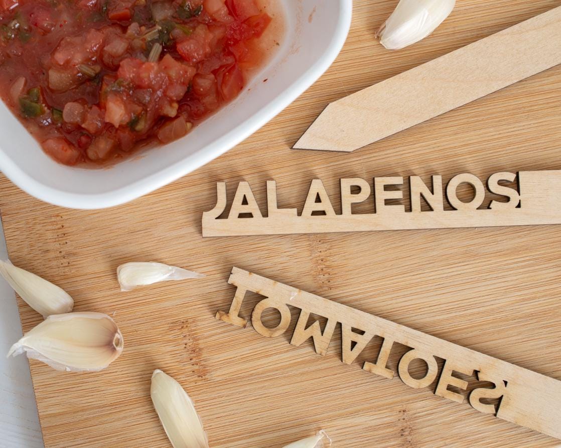 Salsa Garden Marker Set: Laser-Cut Birch Wood Herb Stakes