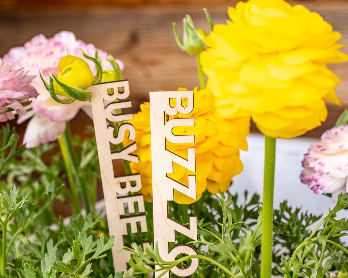 Bee Garden Markers: Birch Wood Pollinator Stakes, Set of 8