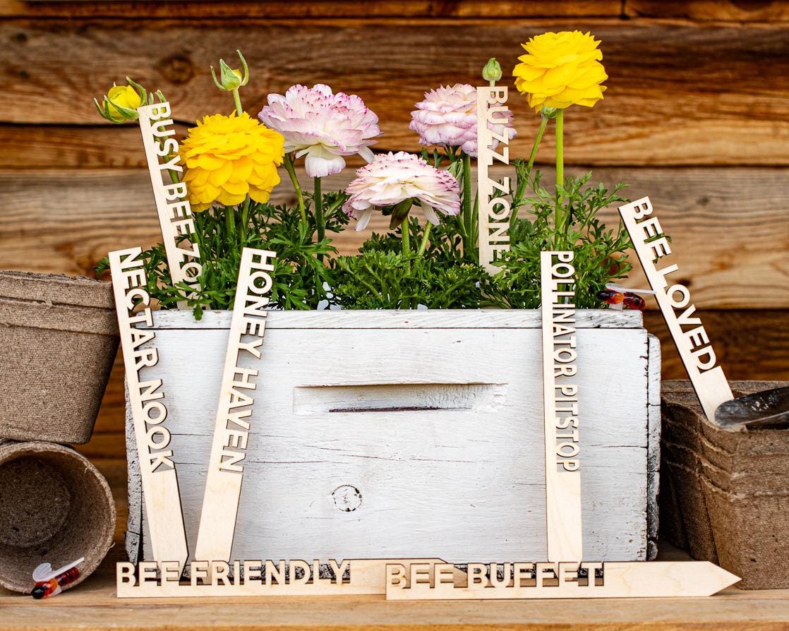 Bee Garden Markers: Birch Wood Pollinator Stakes, Set of 8