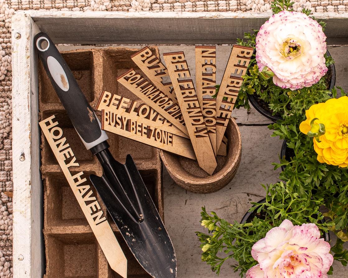 Bee Garden Markers: Birch Wood Pollinator Stakes, Set of 8