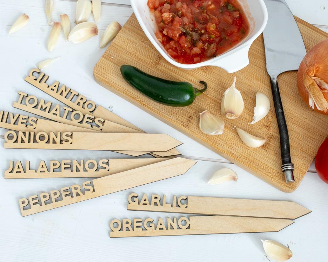Salsa Garden Marker Set: Laser-Cut Birch Wood Plant Stakes