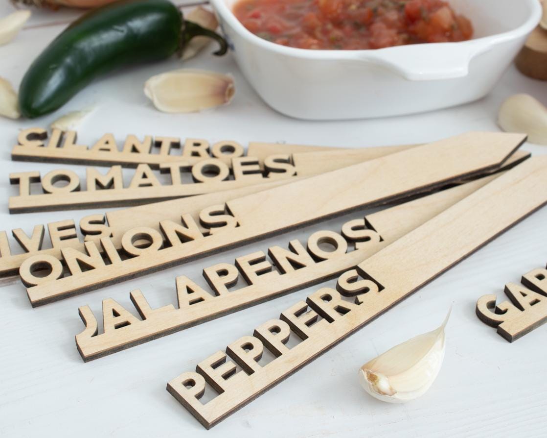 Salsa Garden Marker Set: Laser-Cut Birch Wood Plant Stakes