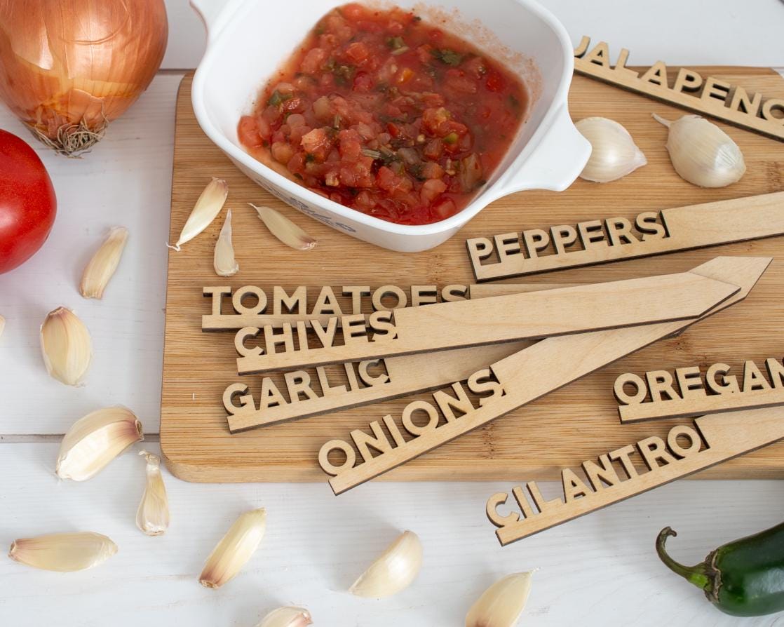 Salsa Garden Marker Set: Laser-Cut Birch Wood Herb Stakes