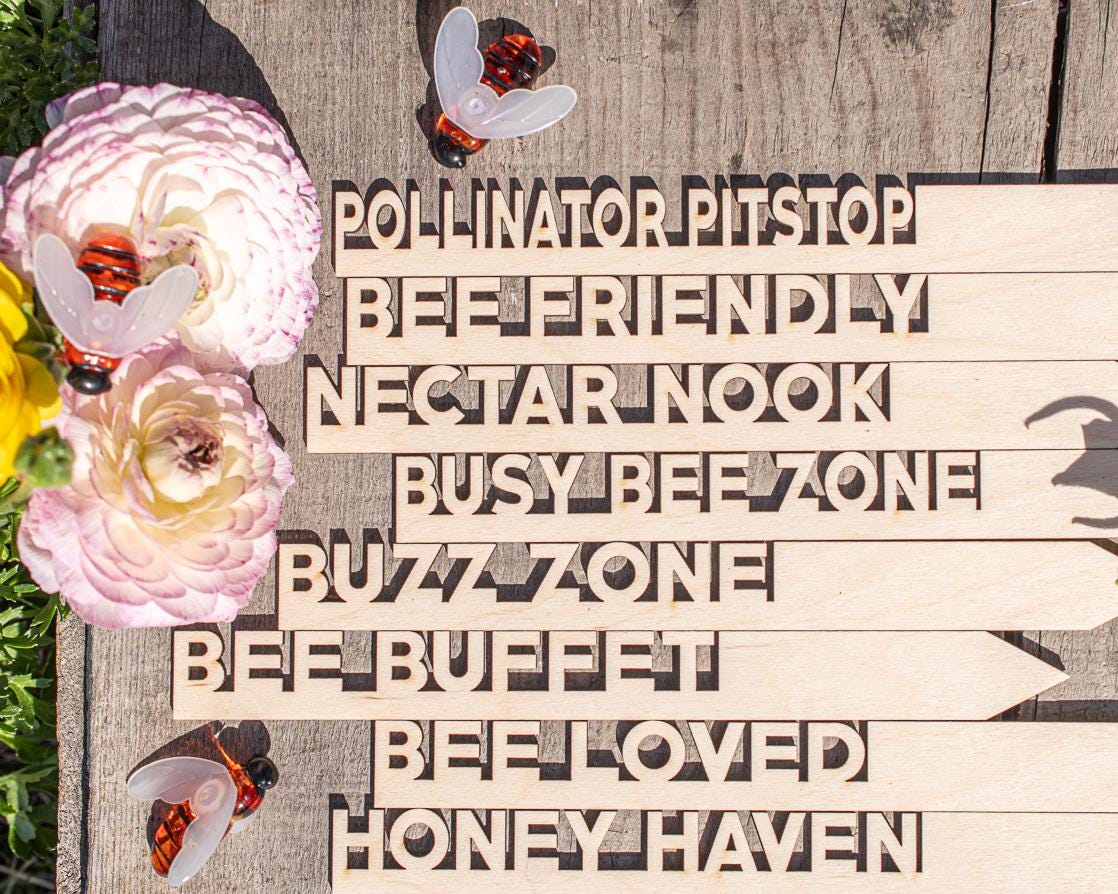 Bee Garden Markers: Birch Wood Pollinator Stakes, Set of 8