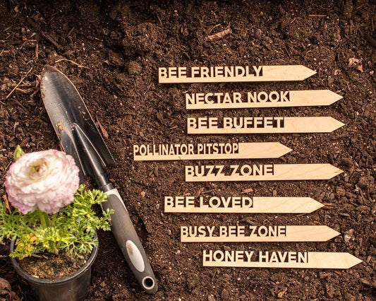 Bee Garden Markers: Birch Wood Pollinator Stakes, Set of 8