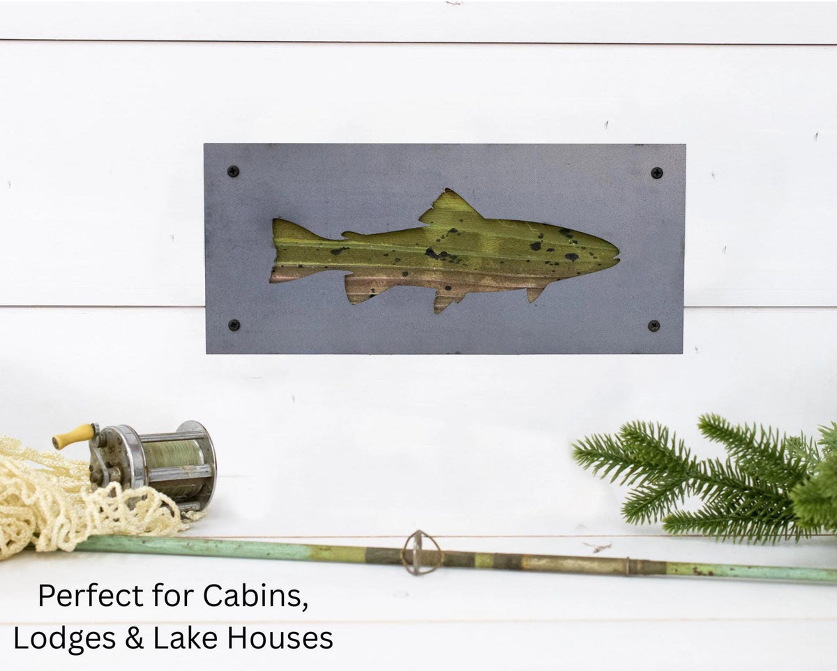 Painted Trout Metal Wall Art on Reclaimed Wood, 12.5 Inch Lodge Decor, Angler Gift, Fly Fishing Art, Fishing Cabin Decor, Fisherman Gift