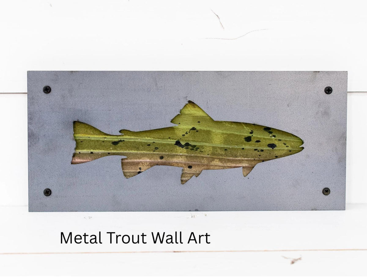 Painted Trout Metal Wall Art on Reclaimed Wood, 12.5 Inch Lodge Decor, Angler Gift, Fly Fishing Art, Fishing Cabin Decor