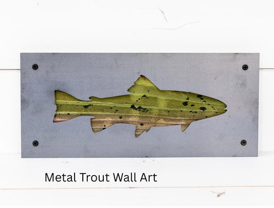 Painted Trout Metal Wall Art on Reclaimed Wood, 12.5 Inch Lodge Decor, Angler Gift, Fly Fishing Art, Fishing Cabin Decor